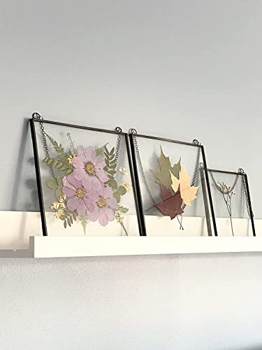 Glass Frame for Pressed Flowers, Leaf and Artwork - 8x8 Black Hanging Square Metal Picture Frames, Clear Double Glass Floating Frame, Wall Decor Photo Display, Set of 2 Flower Press Frames with Chain - color: Gunmetal black, size: 8x8