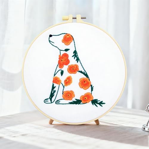 Crafmanoe Flowers Dog Embroidery Kits for Beginners Adults, Hand Embroidery Starter Kits, Stamped Cross Stitch Kits DIY Needlepoint Kit for Beginners Adults, Embroidery Hoop, Thread and Video Tutorial - color: H2074
