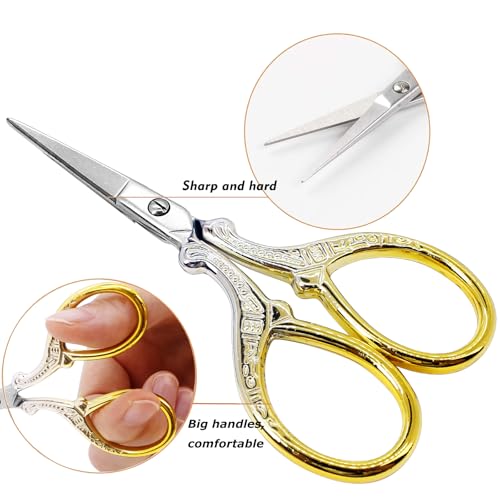 3.6 inch Embroidery Scissors with Leather Sheath for Sewing Art Needlework - color: Silver Gold