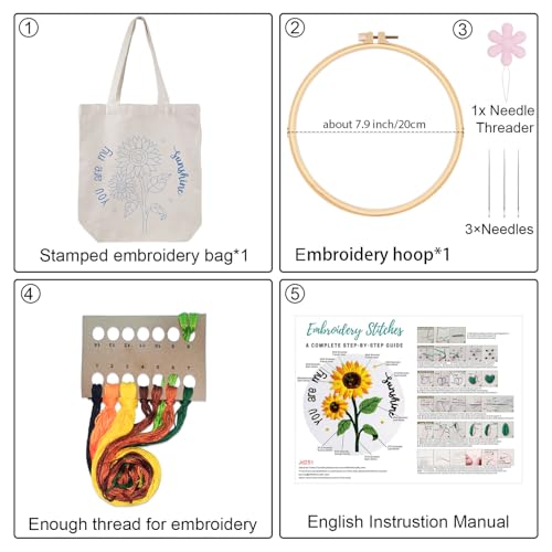Louise Maelys Embroidery Kit Canvas Tote Bag with Sunflower Pattern - color: sunflower