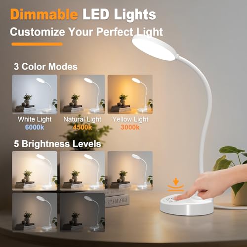15W LED Desk Lamp with USB Charging Ports, [Button & Remote Control] Dimmable Table Lamp with 3 Color Modes, 5 Brightness Levels, 4 Timers, Flexible Reading Light for Home Office, Bedroom, Kids Study - color: White, size: 4.7'' Lamp with Remote
