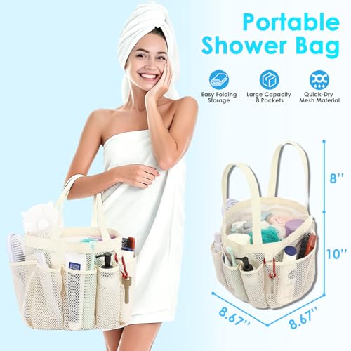 Fammart Mesh Shower Caddy Portable for College Dorm Room Essentials, Odorless Polyester Large Shower Tote Bag with Dual Handles, 8-Pocket Quick-Dry Toiletry Organizer for Travel, Beach, Camping, Gym - color: Multiple Pockets, 1 Pack - Beige