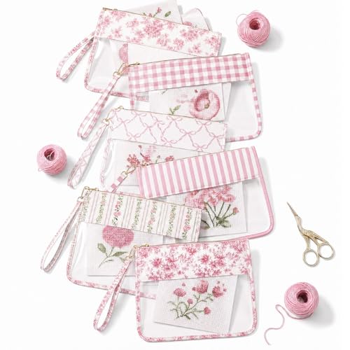 Sabary 6 Pack Pink Floral Needlepoint Project Bag Bow Pouch 11" x 13.8" - color: Pink, size: 11" X 13.8", style: Floral