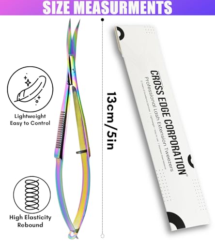 Cross Edge Curved Spring Scissors 5 Inch Stainless Steel Precision Eyebrow & Eyelash Shaping & Trimming Scissor, Snips Squeeze, Embroidery, Knitting Micro Tip Craft Scissors (Rainbow) - color: Cec-ss-27