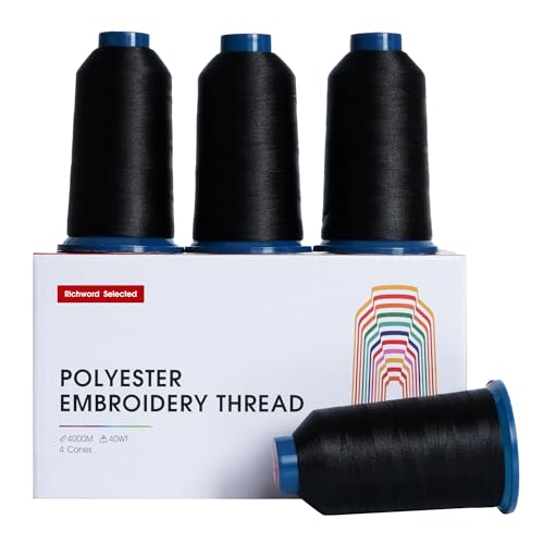 Poolin Black Embroidery Thread, Huge Spool Richword Selected 4 Rolls 4000M(4374Y) 40WT Polyester Thread for All Embroidery Machines - color: 4 Black