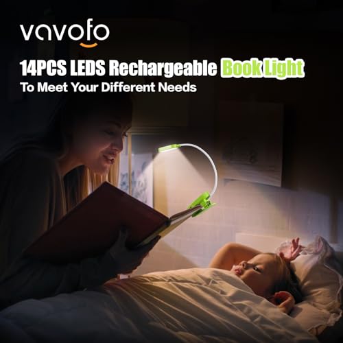 VAVOFO Rechargeable Book Light, 14 LEDs Eye Care Clip On Amber Reading Light for Bookworms Reading in Bed with 9 Colors 9 Brightness (Green) - color: Green