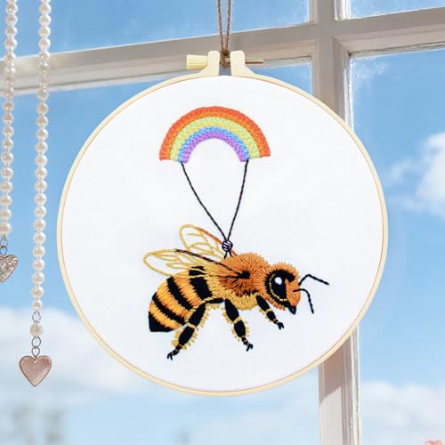 Crafmanoe Cute Bees Embroidery Kits for Beginners Adults, Hand Embroidery Starters Kits, Stamped Cross Stitch Kits DIY Needlepoint Kits for Beginners Adults, Embroidery Hoop, Thread and Video Tutorial - color: H2079