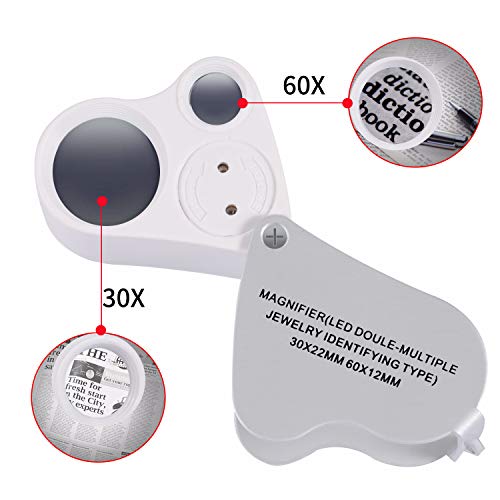 Jiusion 30X 60X Portable LED Lighted Jewelry Magnifier Dual Lens Eye Loupe - color: White, size: Single Pack
