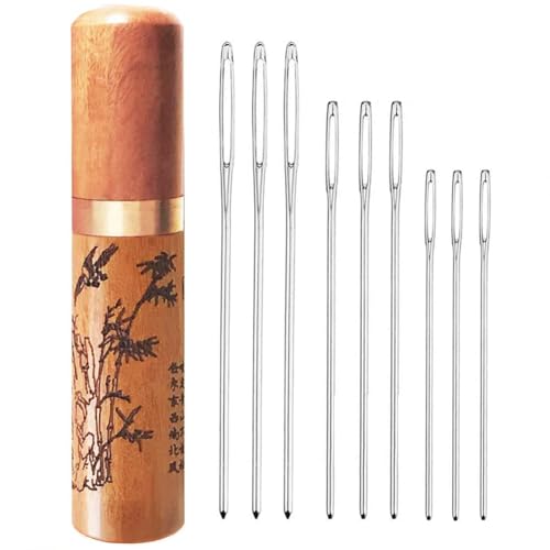 Large Eye Blunt Needles, Stainless Steel Tapestry Needle, Yarn Knitting Needles, Darning Needle with Wooden Needle Case Carving Pattern - style: Art Deco