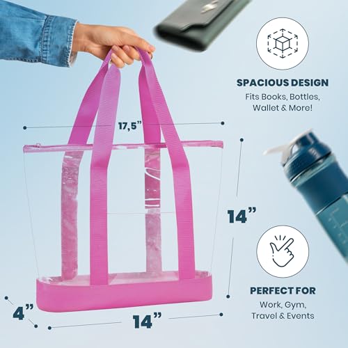 Handy Laundry Clear Tote Bag - Zipper Closure, Long Shoulder Strap, Fabric Trimming. - color: Pink