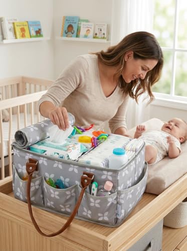 Moteph Diaper Caddy with Changing Mat, Large Baby Diaper Caddy Organizer with Lid, Portable Organizer Basket for Baby Essentials, Roll-Up Lid, Built-In Changing Mat Pocket - style: With Changing Mat