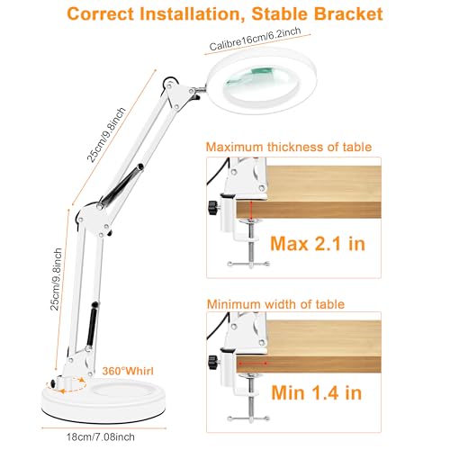10X Magnifying Glass with Light and Stand, Magnifier with Light Hands Free, 3 Color Modes 10 Level Dimmable, Magnifying Real Glass LED Desk Lamp for Close Work, Repair, Reading, Craft, White