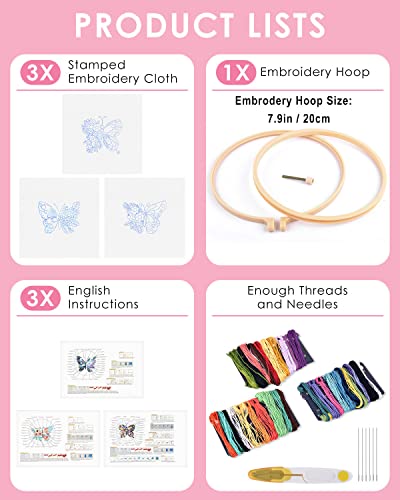 TINDTOP 3 Sets Embroidery Stitch Practice kit, Butterfly Flower Embroidery Kit for Beginners Include Cloth Hoops Threads for Craft Lover Hand Stitch with Embroidery Skill Techniques - color: Butterfly (with 1 Hoop)