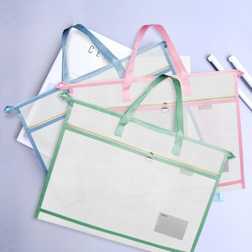 TUSAUW 6 Pcs A3 Project Bags for Quilting Craft Project Bag Clear Mesh Sewing Project Bag with Zipper Handles&Pockets for Artworks Charts and Teaching Material - color: light blue, light pink, light purple, light green, black, and dark blue
