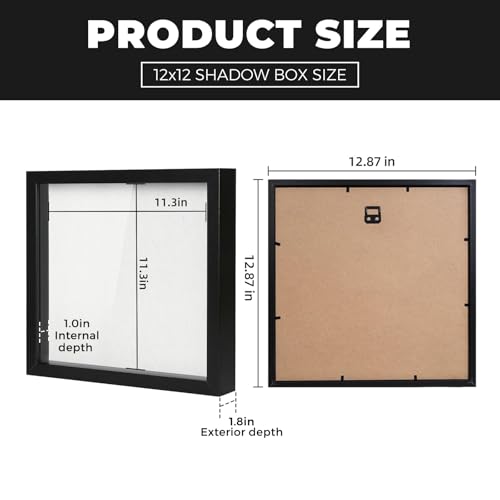 Muzilife 12x12 Shadow Box Wood Picture Frame, HD Glass, 2PCS, Black - color: Black, size: 2pcs 12X12