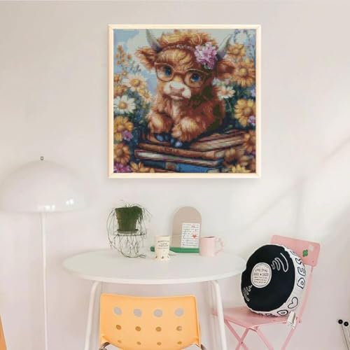 MYBISYMQQ Highland Cow & Sunflower Stamping Cross Stitch Kit, 11CT Embroidery Starter Kit for Adult Beginners, Needlepoint Craft for Home Decor, 13.7 x 13.7 Inch - color: T013