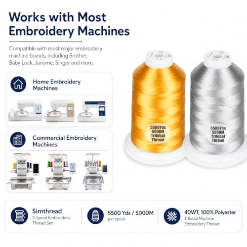 Simthread 2Pk 5500Y 40WT Polyester Embroidery Thread Gold214 Silver005 - color: Royal Duo(OldGold+Silver)