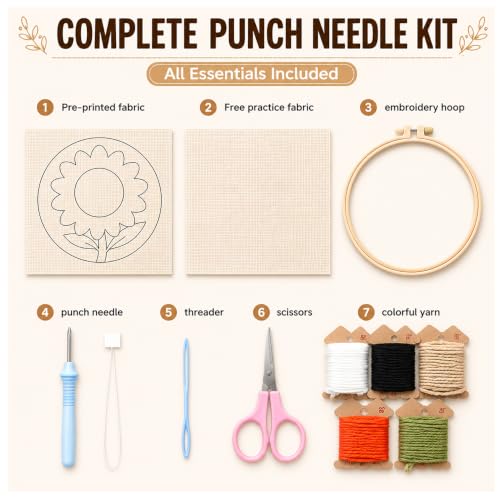 Sunflower Punch Needle Kit for Beginners Adults, with Embroidery Hoop - color: Punch Needle kit-Sunflower
