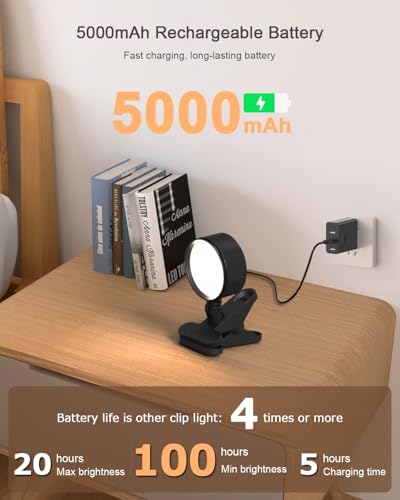 Clip on Light 5000mAh Rechargeable Battery, Clamp Reading Light for Bed - color: Black