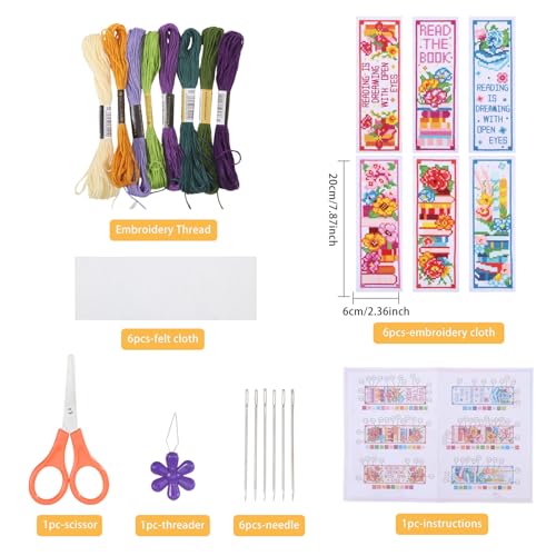 ORIGACH 6 Pcs Cross Stitch Bookmark Kit for Beginner Book Flower Stamped Embroidery Stitch Kits for Starter DIY Bookmarks Printed Cross Stitch Kits for Book Lovers - style: Book and Flower