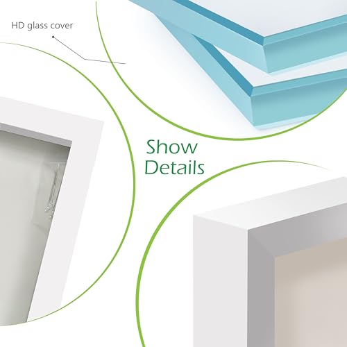 FrameWorks 8” x 8” White Wooden Shadow Box Frame – Display Case with Soft Felt Back, Memory Box with Tempered Glass, Display Box with Elegant White Ball Push Pins, Wooden Flower Box - color: White, size: 8"x8"