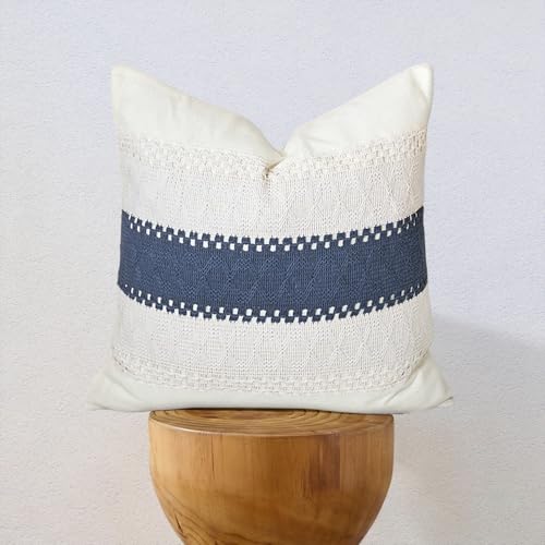 Throw Pillow Covers 1PC for Living Room, Cotton & Burlap, Boho Sytle Decorative Home (Beige & Blue, 16x16 Inch) - color: Beige & Blue, size: 16" x 16" (Pack of 1)