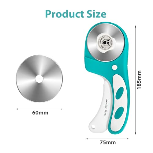 Headley Tools Rotary Cutter 60mm Upgraded with Bearing Design for Smoother and deeper cutting, Ergonomic Handle Rolling Cutter with Safety Lock for Fabric, Fabric, Leather, Crafting, Sewing, Turquoise - color: Turquoise, size: 60mm