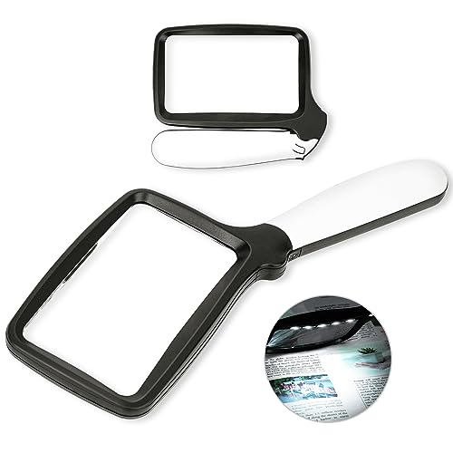 3X Folding Magnifying Glass with Light, Retancular Lighted Magnifier with 5 LED Lights, Handhold Page Magnify Lens Seniors Gift for Reading Books, Coins, Maps, Inspection, Exploring -Black - style: Folding Black