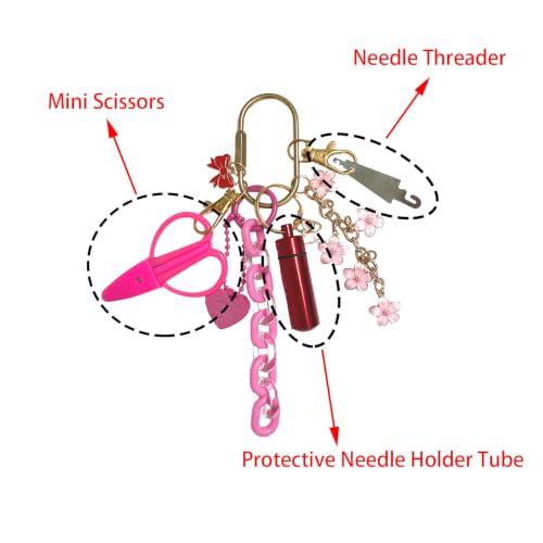 spansee Needlepoint Bag Charm Tool Kit Keychain, Includes Mini Scissors, Needle Threader, Protective Needle Holder Tube, Decorative Chains, Embroidery Project Accessory