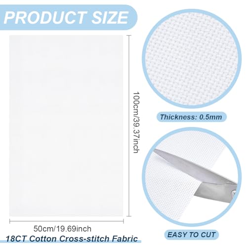 BENECREAT 18CT Cotton Cross Stitch Fabric, 40x20 Inch Aida Cloth 18 Count Embroidery Cloth for Craft Embroidery, Handmade Needlework, DIY Handicrafts, 0.5mm Thick - size: 40x20inch (18CT)