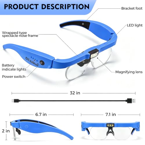 Dilzekui Magnifying Glass w/Light,1.5X-5X Magnifying Glasses Acrylic Lenses - color: Blue