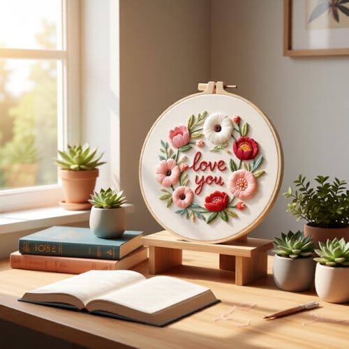JJFox Embroidery Kit for Beginners and Adults, DIY Hand Embroidery Starter Kit with Cute Pattern, Cross Stitch Needlepoint Set with Hoop, Threads and Instructions (Love You) - color: Love you