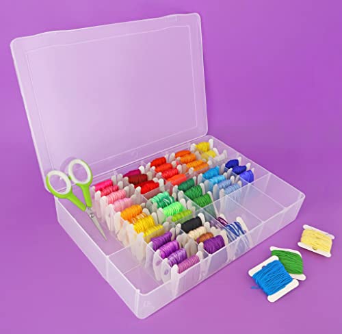 Essentials By Leisure Arts Embroidery Floss Organizer Box with 50 Bobbins, 17 Compartment Clear Storage Case with Living Hinge, Tangle Free Floss Storage, 10.63 x 7.19 x 1.75 Inch