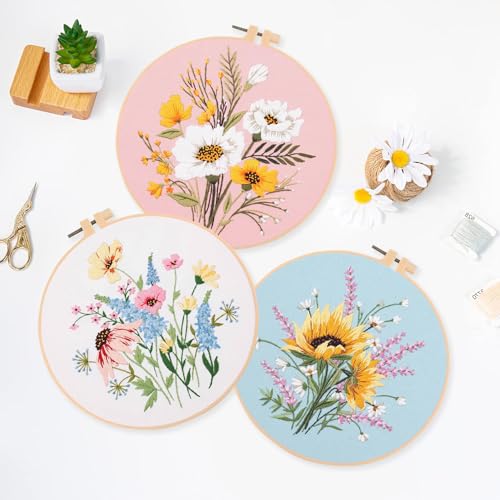 LB Sunflower Floral Embroidery Kit for Beginners Adults, 3 Sets Hand Embroidery Starter Kit with Flower Pattern and Instructions Stamped Cross Stitch Kits Include Embroidery Hoop Needles Threads - color: Pink