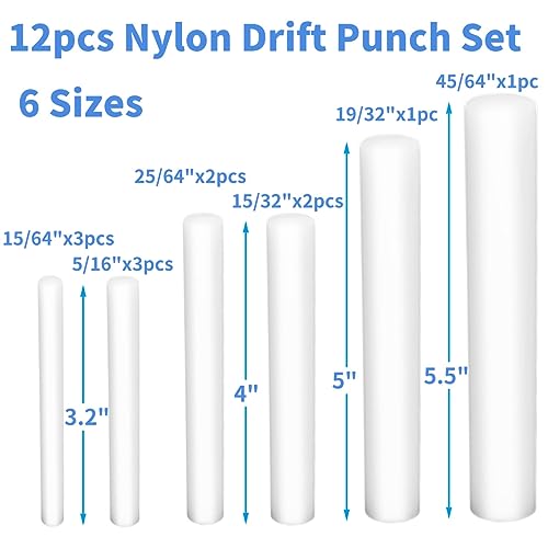 12 Pcs Nylon Drift Punch Set, Non-marring Non-sparking Nylon Rod, 15/64, 5/16, 25/64, 15/32, 19/32, 45/64 inches
