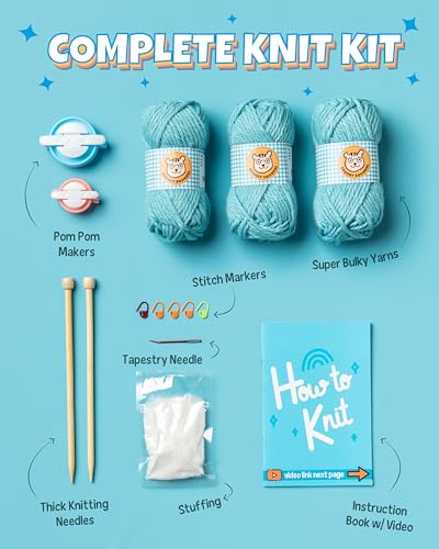 Complete Knitting Kit for Beginners - Learn to Knit Kit with Knitting Accessories Like Thick Beginner Yarn, Bamboo Needles for Beginners & More - Includes Video Tutorials & Written Guide - color: Teal