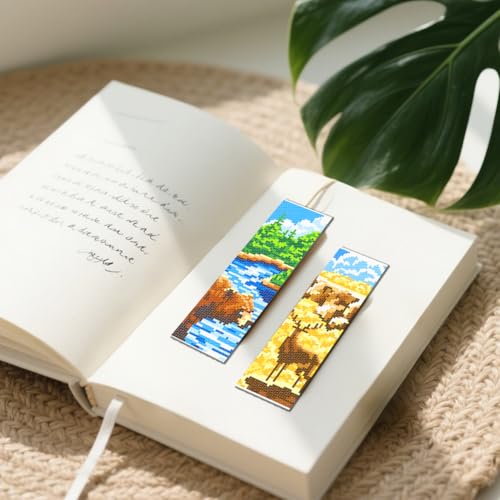 FREEBLOSS 6 Set Cross Stitch Bookmark Kit 11 CT Stamped Cross Stitch Kit DIY Embroidery Bookmark Kits for Adult Beginners with Instructions, Nature Scenery Pattern, 6 x 20 cm/8" x 2.4" - style: Natural Zoo Animals