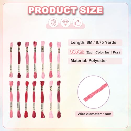 PATIKIL 14 Skeins Embroidery Floss Polyester Multicolored Dark Red Pink - color: Multicolored Dark Red Pink