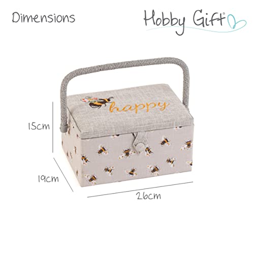 Hobby Gift Medium Sewing Box Organiser, Fabric Covered Storage Box with Handle, Internal Tray, Pin Cushion and Pocket for Sewing, Quilting and Knitting Supplies - color: Bee Happy