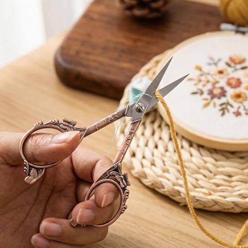 Crochet Scissors with Cover – Rose Gold Vintage Small Embroidery Scissors, Sharp Craft Scissors for Yarn Thread Sewing Needlework, Cute Butterfly Design Gift for Crocheter Quilter, 4.6 Inch - color: Red Copper