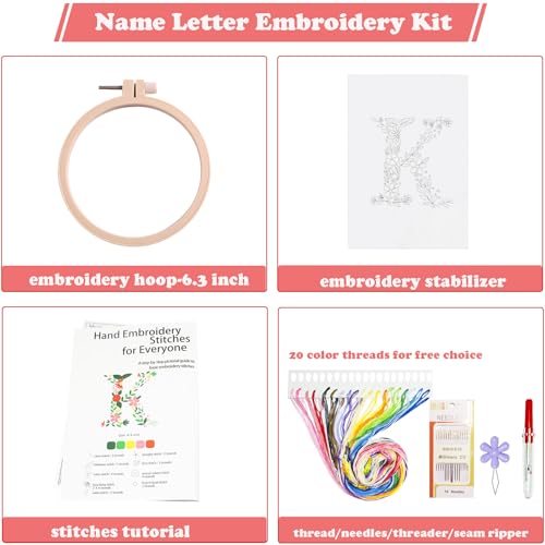 Topapfo Letter K Stick and Stitch Embroidery Kit for Clothing, Beginners Alphabet Name Embroidery Pattern Water Soluble Jeans T-Shirts Crafts - color: K