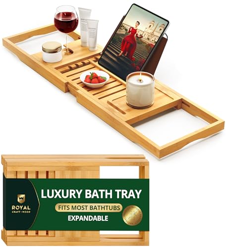 ROYAL CRAFT WOOD Premium Foldable Bathtub Tray Caddy - Wood Bath Tray for Tub, Bamboo Shelf, Expandable Bath Table Trays, Bathtub & Bathroom Accessories for New Home & Mothers, Birthday Gifts for Mom - color: Natural Bamboo