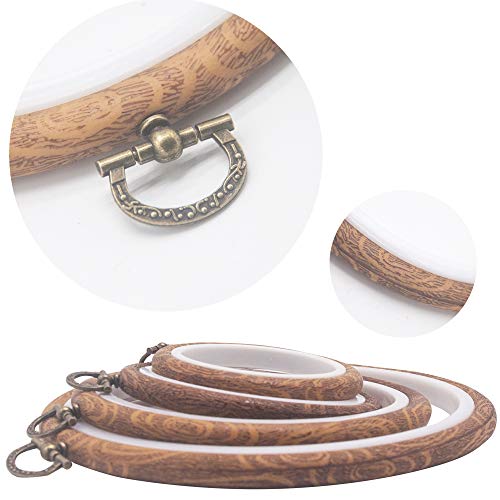 4 Pieces Embroidery Hoop Ring Plastic Cross Stitch Hoops Set Imitated Wood Display Frame Circle and Oval Embroidery Kits for Art Craft Sewing and Hanging,With 16pcs Gold Eye Sewing Needles - style: 4 pcs circle sizes