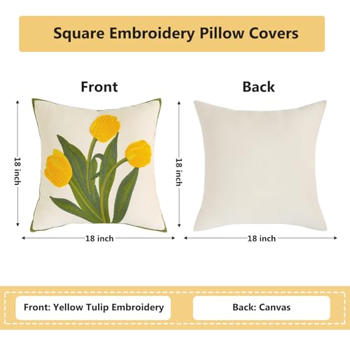 Embroidered Throw Pillow Covers 18x18 Pack of 2 Yellow Tulip - color: Yellow Tulip, size: 18" x 18" (Pack of 2)