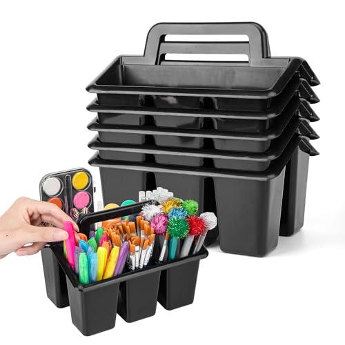 Plastic Caddy With Handle,Protable Classroom Craft Caddy, 6-pack Storage Caddy For Pencil,Pen,Craft Tools (Black) - color: Black