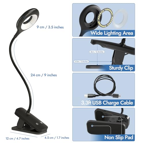 CUHIOY Rechargeable Clip on Reading Light for Bed Headboard, Black, 1 Pack - color: Black