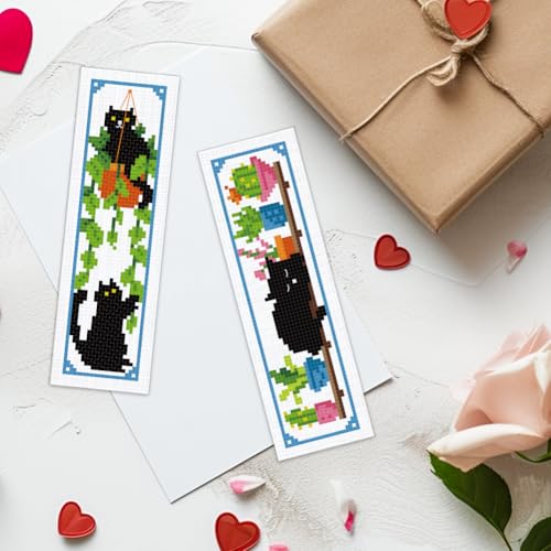 ACRNIGHEET 6PCS Cross Stitch Bookmark Kits Cute Cat and Plants Pattern Stamped Cross Stitch Kits for Beginners Adults DIY Stamped Embroidery Bookmarks with Instructions Hand Embroidery Craft Gift 11CT - style: Black cat and plant patterns