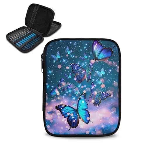 Kathyboom Galaxy Butterfly Large Crochet Hook Case, Organizer Zipper Bag with Web Pockets for Various Crochet Needles and Knitting Accessories,Easy to Carry - color: Galaxy Butterfly