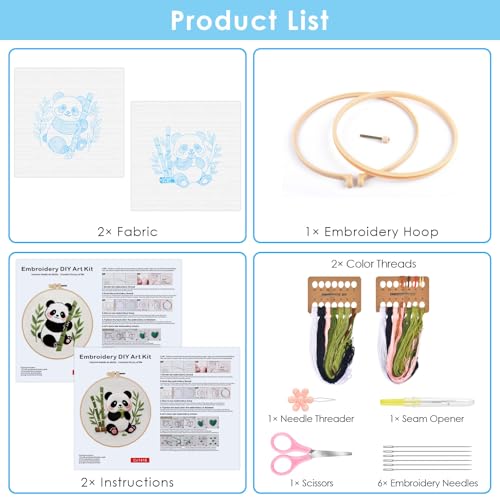 ERKOON Embroidery Kit for Beginners, 2 Set Flower Cross Stitch Set Include Embroidery Cloth Hoops Threads for Craft Lover Hand Stitch with Embroidery Skill Techniques (Panda) - color: Panda