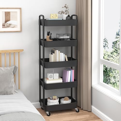 Sywhitta 5-Tier Plastic Rolling Utility Cart with Wheels,Black - color: Black, size: 5-tier